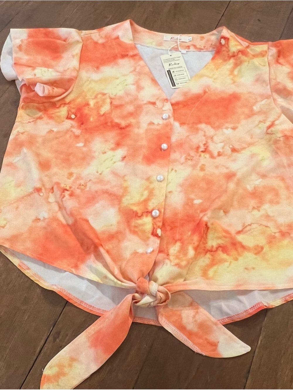 Tie-Front Button V-Neck Top - Orange Tie-Dye